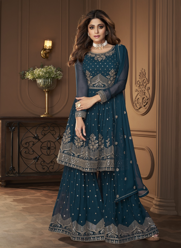 Teal Blue Georgette Shamita Shetty Sharara Salwar Suit